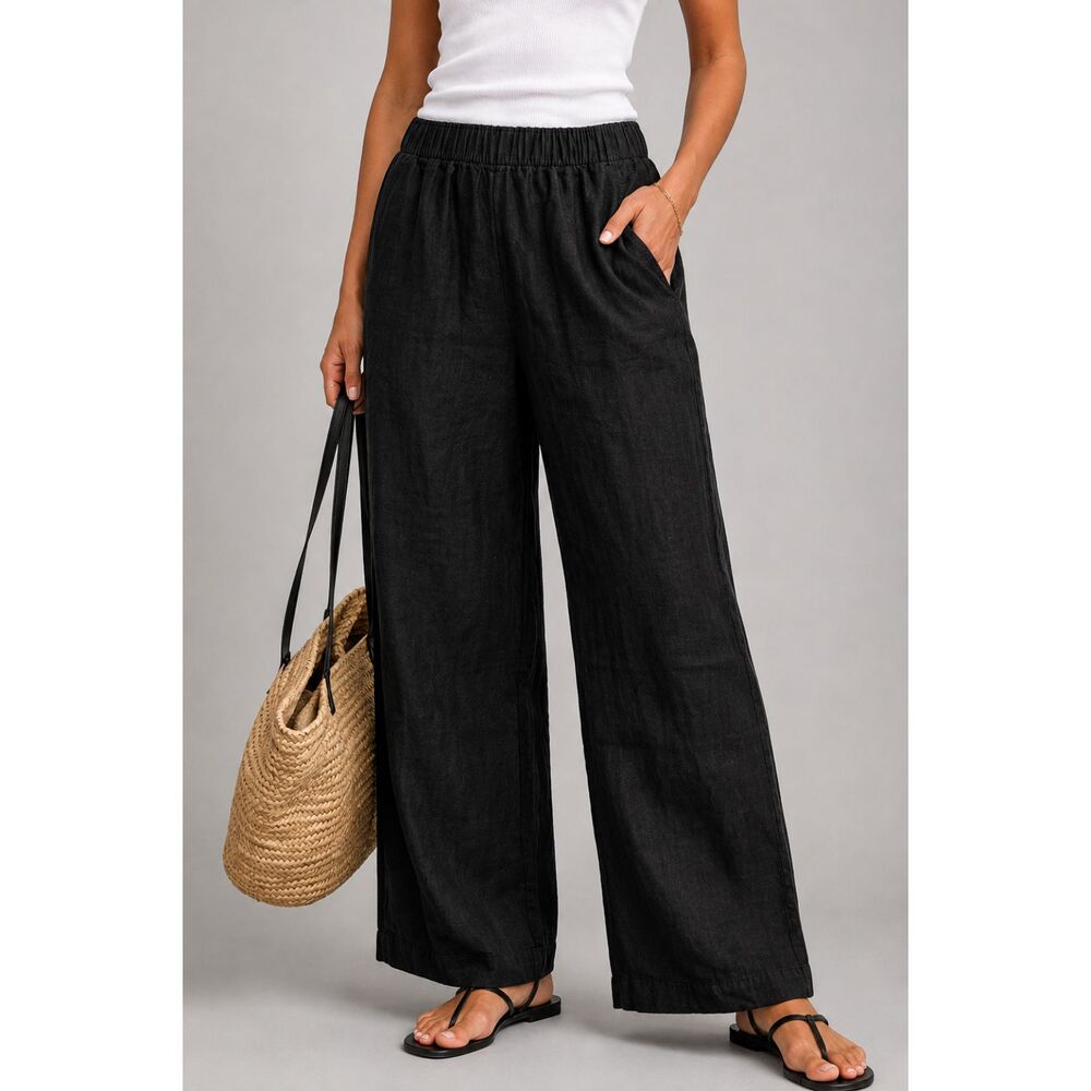 Old Navy Women’s M Black Crinkle Gauze Wide Leg Pants High Rise Cotton Pull On